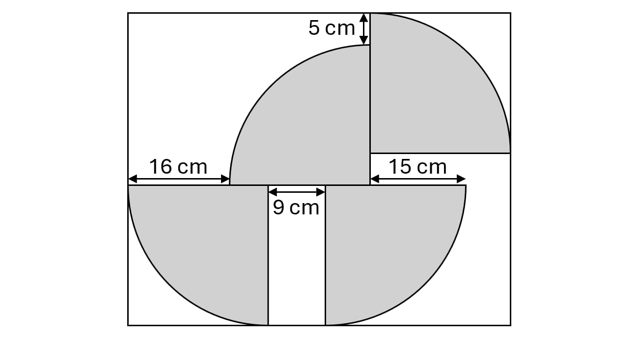 Rectangle containing 4 identical shaded quarter circles arranged with various horizontal and vertical gaps