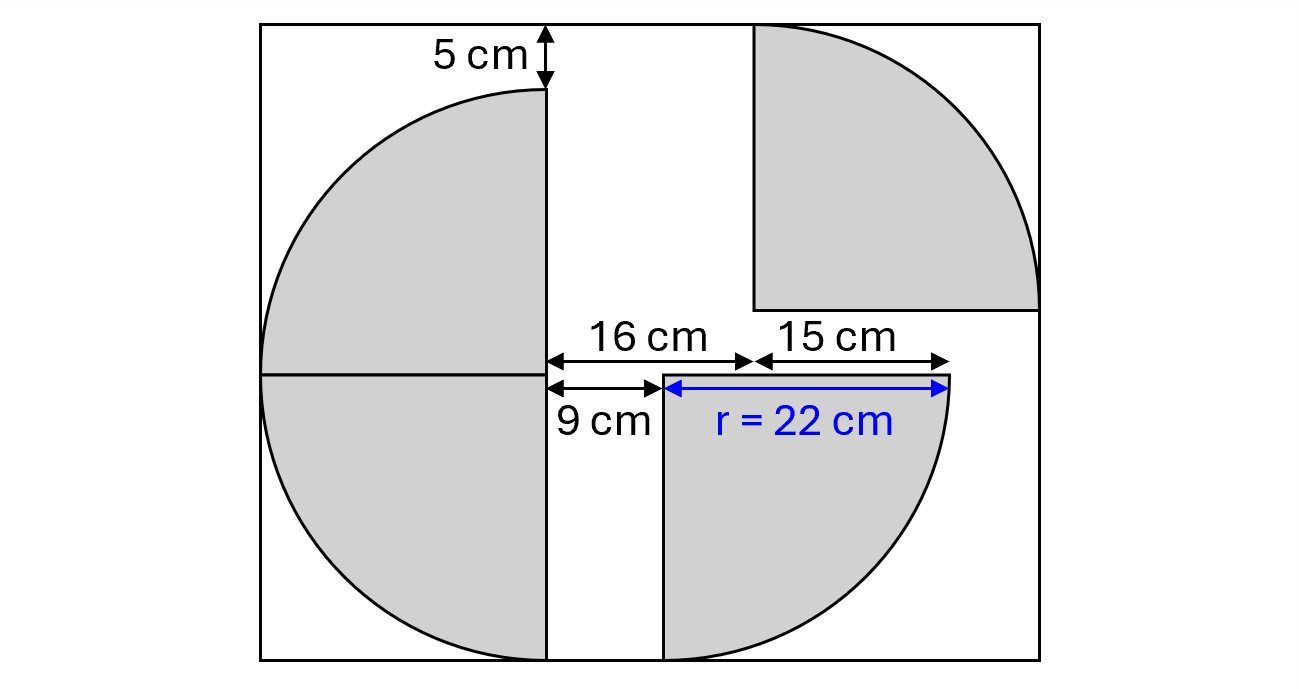 Quadrant Radius Derivation Model showing the swap of the top-left quadrant with the 16 cm gap to align edges