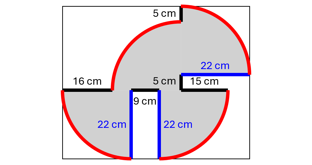 Perimeter Boundary Highlight Diagram with arcs in red, long straight edges in blue, and shorter straight edges in black